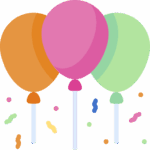 Trois ballons de fête colorés (orange, rose vif et vert clair) flottent au-dessus de confettis multicolores, évoquant une ambiance de célébration joyeuse.